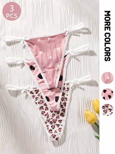 3pcs/Set Women's Sexy Thong Panties, Cute Girl Jacquard Pink Comfortable Jacquard Fabric Waistband Bow Decor Ladies Underwear