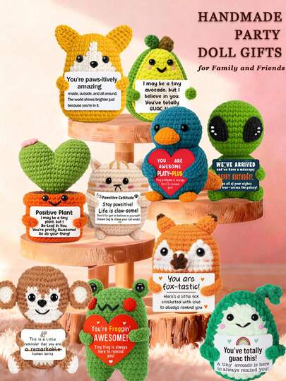1pc Handmade Crochet Desktop Decor Figurine, Cute Cartoon Animal & Plant Shaped, Ideal Birthday/Friendship Gift For Best Friend, Sister, Mom, Grandma, Coworker, Family, Positive Emotion Support, Creative Party/Thanksgiving/Valentine's Day Decoration, Children Plush Doll, Room/Desk Ornament