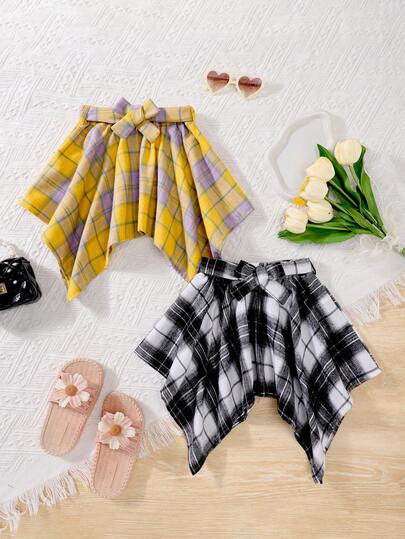 2pcs/Set Girls' Plaid A-Line Mini Skirt, Casual Vacation Skirt For Spring, Summer & Autumn