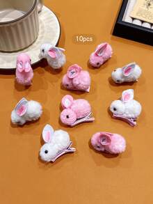 10个白色+粉色可爱毛绒兔子发夹，适合日常佩戴的发饰 - 彩色 - 查看 5