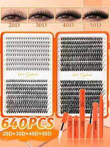 640PCS(20D+30D+40D+50D) DIY Eyelash Extension Kit - Includes False Lashes, Glue, Remover, Tweezers & Brush, Professional & Beginner Friendly, Easy Home Use,Eyelash Starter Kit For Beginners: All-In-One Set With Lashes, Adhesive, Remover & Tools To Apply Easily At Home Like A Pro - Multicolor - View 1