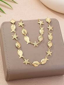 Bộ 2 món gồm dây chuyền và vòng tay hình sao biển, vỏ sò, phong cách nghỉ dưỡng đại dương, thích hợp cho tiệc bãi biển, tiệc chiêu đãi và đeo hàng ngày. - Vàng - Xem 2