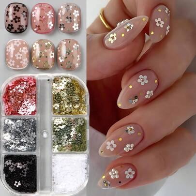 Hộp 6 ngăn đựng kim tuyến hình cánh hoa nhiều màu sắc, kim tuyến trang trí móng tay 3D hình hoa cho mùa xuân, màu hồng đỏ/vàng/bạc/đen/trắng phối hợp, dùng để tự trang trí móng tay cho đám cưới/ngày Valentine.