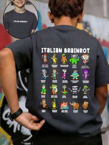 Áo thun in hình ngộ nghĩnh "ITALIAN BRAINROT" dành cho bé trai tuổi teen, thích hợp mặc thường ngày, dạo phố, đi học, dự sự kiện, áo mùa hè thời trang cho bé trai. - Màu xám đen - Xem 4