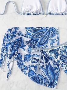 3-Piece Bikini Swimsuit Set, Sexy Women's Neck Strap Swimsuit With Floral Print For Summer Beach Wear, Random Print - Blue - View 2