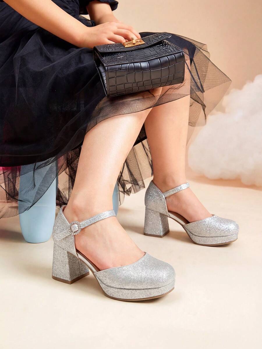 Girls Glitter Platform High Heels Square Toe Ankle Strap Wedding Party Pumps Flower Girl Shoes For Little Big Kid - Bạc - Xem 1