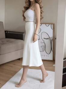 白色缎面高开衩纽扣半身裙，法式优雅A字裙，春季款 - 白色 - 查看 2