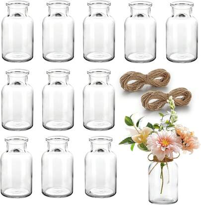 12 Mini-Glasvasen (je 130 ml), ideal für Tisch- und Hochzeitsdekorationen, mit zwei 8 m langen Juteschnüren. Jede Vase hat einen zentralen Kippmechanismus.