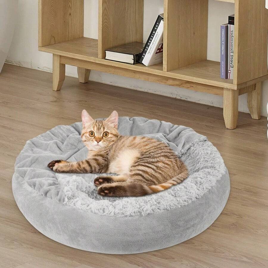 Small Dog Bed Cat Bed With Hooded Blanket, Cozy Cuddler Luxury Puppy Pet Bed, Donut Round Calming AntiAnxiety Dog Burrow Cave Bed AntiSlip Bottom And Machine Washable 23 Inch - S23x23x7灰色 - 查看 1