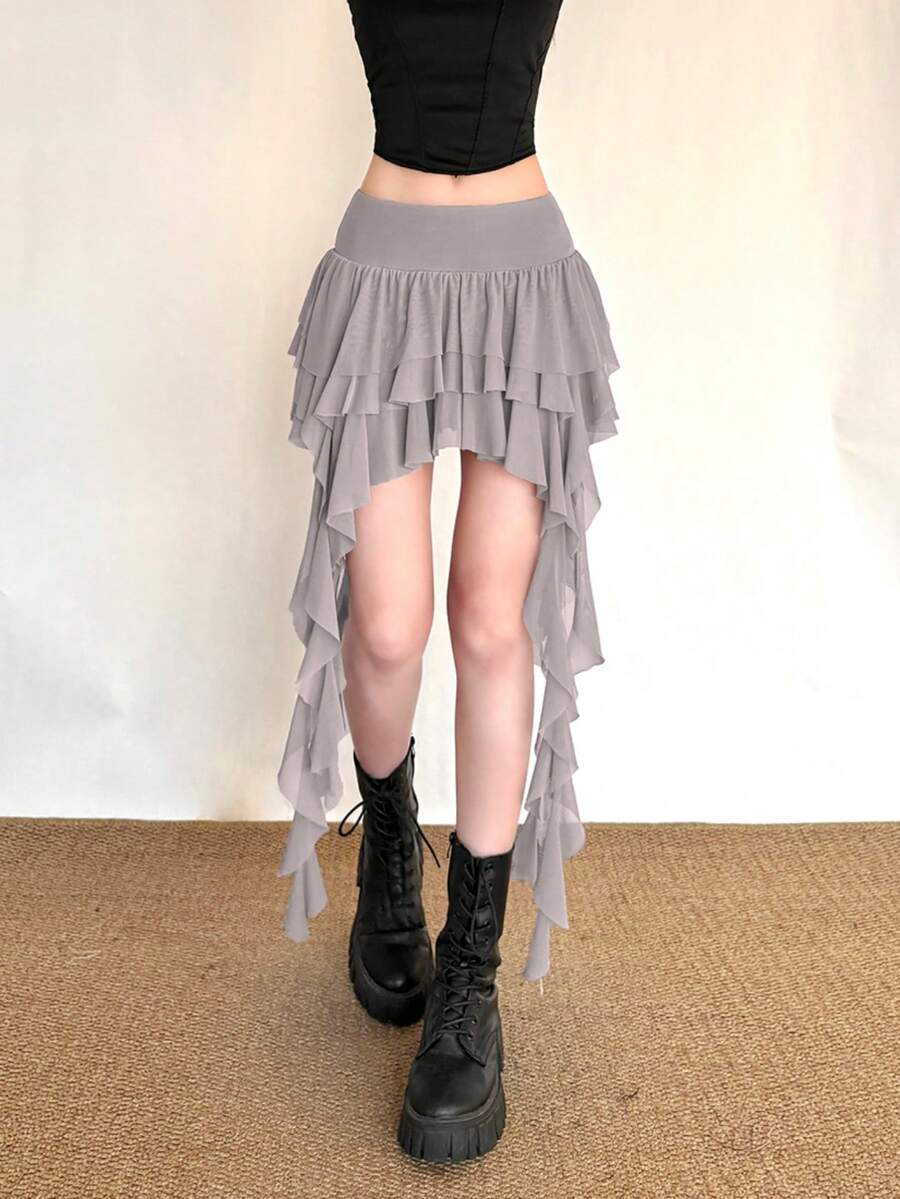 Top Dazzle High Waist Versatile Asymmetrical Design Short Skirt - Grey - View 1
