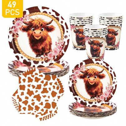 8 قطع طقم أطباق ومناديل وأكواب ورقية مزخرفة بالزهور، مستلزمات حفلة لمرة واحدة مناسبة لعيد الميلاد والزفاف والحفلات الموضوعية والنزهات العائلية