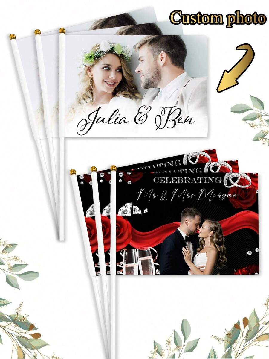1pc Customized Hand-Held Flag With Pole, Add Your Photo And Text, Customized Flag, Suitable For Small Mini Flags For Holiday Celebrations, Anniversary, Wedding Gift, Bride, School Gift, Office, Garden Decor, Indoor/Outdoor, Mother's Day, Father's Day, Easter, Valentine's Day, Christmas, Independence Day, Wedding, Halloween