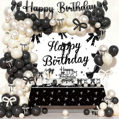 129pcs Black And White Bow-Themed Balloon Arch Set, Includes Black, White, Pearl White, And Long Latex Balloons. Perfect For Birthday Parties, Engagement Parties, Bridal Showers, Wedding Decorations, Bachelor/Bachelorette Parties, Prom Decorations, And Bow-Themed Party Decorations.