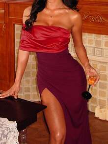 Autumn Red Colorblock One Shoulder Ruched Thigh Slit Elegant Waist-Cinching Mermaid Cocktail Dress For Women - Red - View 5