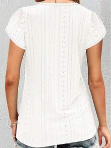 Damen Einfarbiges Kontrast-Spitzen-V-Ausschnitt-Kurzarm-Lässig-Top mit Blumen - Weiss - Übersicht 2