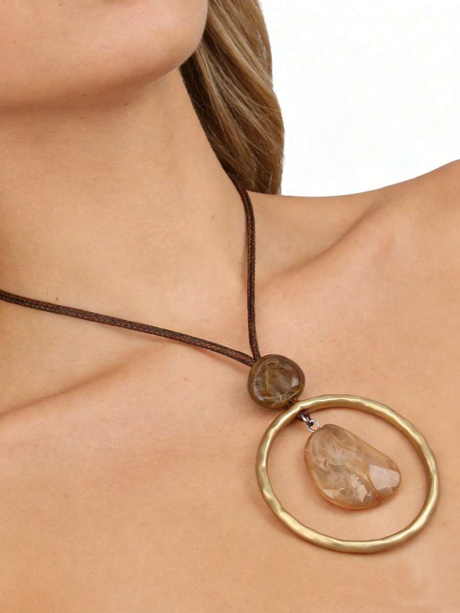 1件夸张简约圆形树脂石吊坠长项链，时尚个性简约风格派对项链，送给男友/女友的礼物，日常佩戴 - 金黃色圓圈 - 查看 1