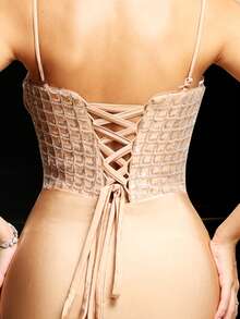 Nuevo vestido de noche sin mangas para mujer: Vestido de sirena de cuello en V, cintura alta, color champán, para otoño/invierno, con diseño de abertura lateral, elegante vestido largo decorado con perlas y lentejuelas lujosas, detalles con lazo y drapeado, adecuado para banquetes formales, cumpleaños, bailes, fiestas, Año Nuevo, San Valentín, Navidad y ocasiones de invitado de boda. Fiesta de primavera - Champán - Ver 10