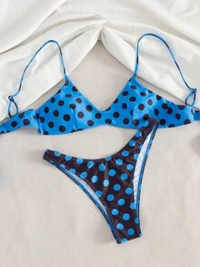Women's Summer Beach Polka Dot Print Sexy Bikini Swimsuit Set Vacation - Blue - View 5