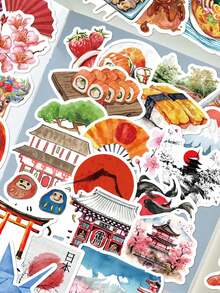 1pack/64PCS, Watercolour Sketches From A Journey Through Japan Stickers, PVC Material, Each Measuring 3 To 7 Centimetres, Creative Aesthetic Design Sticker, Each One Is Different, Applicable, Handwritten Journal, Tablet Computer, Notebook, Phone Case, Notebooks, Kindle, Pencil Case, Laptop, Motorcycle, Skateboarding, Scrapbook, Guitar - 1 Pack/64 PCS - View 11