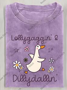 Duck Flower Text Happy Printed T-Shirt, High-Quality Batik Cotton Retro Fashion Brand T-Shirt, Women's T-Shirt, Women's Autumn T-Shirt, Halloween Christmas Gift, Holiday Gift Washed Cotton Women's Short Sleeve - 紫色 - 查看 6