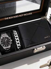 三件套极简商务男士石英表套装，男士商务酷炫风格配饰套装（包含银色金属表带黑色表盘罗马数字计时石英表、银色链手链、黑色纹理皮革钱包）。该系列以冷峻的银色金属和沉稳的黑色为核心色调。 - 銀色 - 查看 1