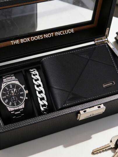 3pcs Minimalist Business Men's Quartz Watch Set, Men's Business Cool Style Accessories Set (Including Silver Metal Strap Black Dial Roman Numeral Chronograph Quartz Watch, Silver Cuban Chain Bracelet, Black Textured Leather Wallet). The Collection Features Cold Silver Metal And Steady Black As The Core Color Tones.