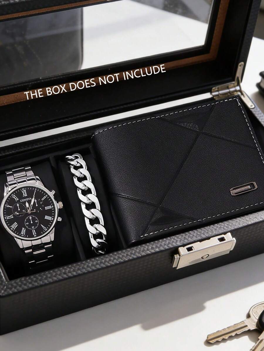 三件套极简商务男士石英表套装，男士商务酷炫风格配饰套装（包含银色金属表带黑色表盘罗马数字计时石英表、银色链手链、黑色纹理皮革钱包）。该系列以冷峻的银色金属和沉稳的黑色为核心色调。 - 銀色 - 查看 1