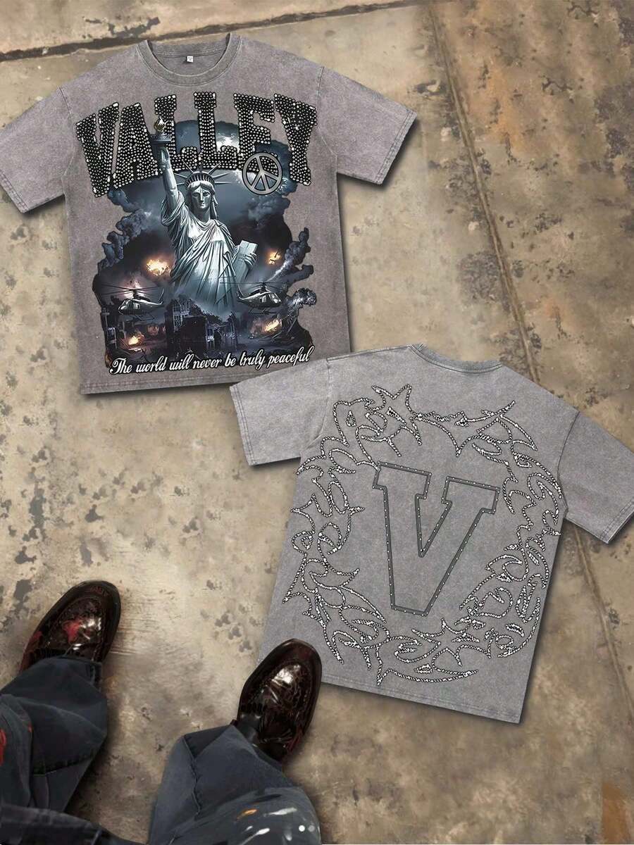 Valley Dreams Retro Washed Pure Cotton 230g Double-Sided Printed T-Shirt, Christian Style,  Collaboration Rock Band Print, Y2K Pattern T-Shirt, Street Style Pure Cotton T-Shirt, Holiday Gift. - 灰色 - 查看 1