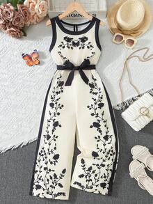 Bộ áo liền quần không tay, cạp chun co giãn cho bé gái, họa tiết hoa in kỹ thuật số, cài khuy phía sau, ống rộng, thích hợp cho kỳ nghỉ và quà tặng. - Rượu sâm banh - Xem 1