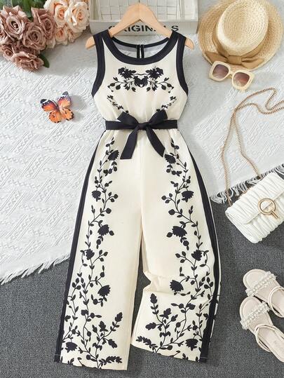 Girls' Casual Sleeveless Elastic Waist Jumpsuit, Floral Digital Print Romper With Back Snap Closure, Wide Leg Pants, Vacation & Gift