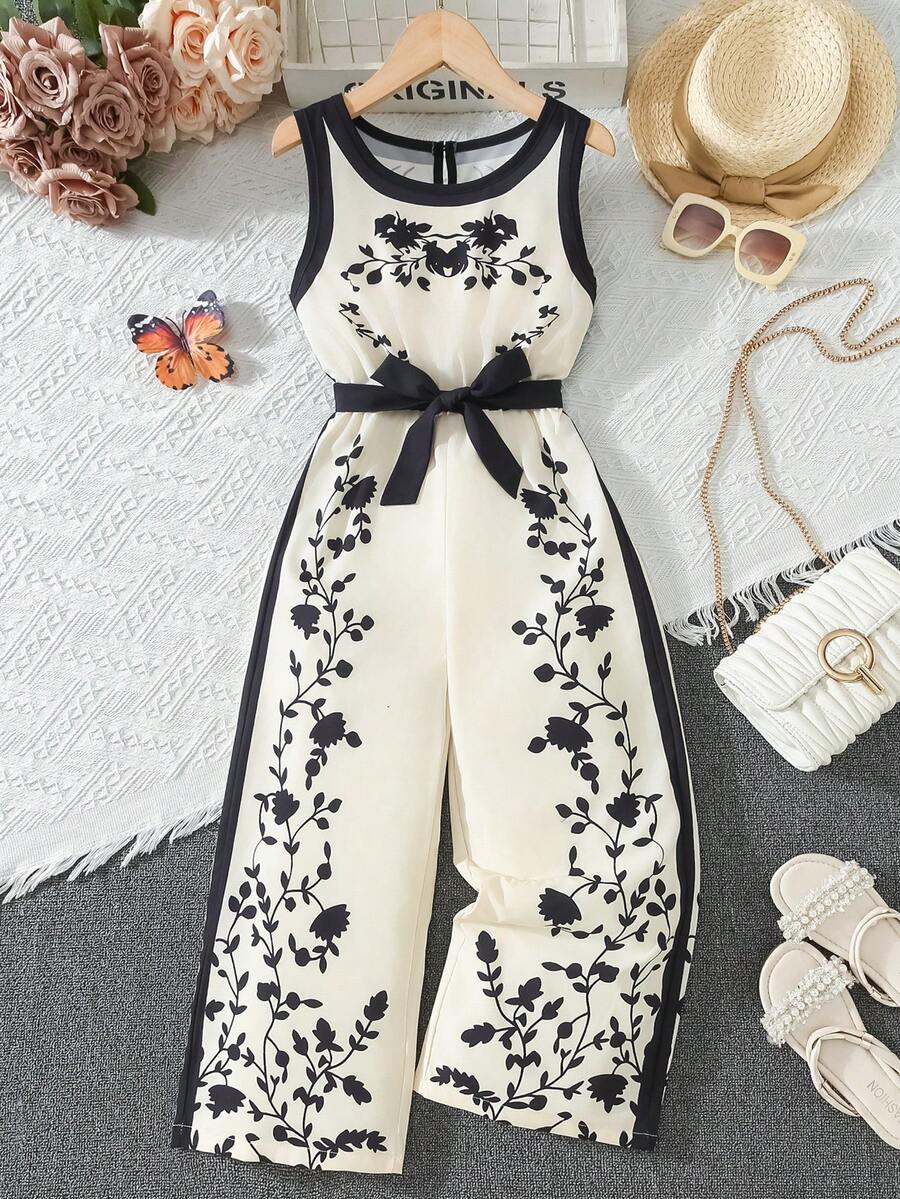 Bộ áo liền quần không tay, cạp chun co giãn cho bé gái, họa tiết hoa in kỹ thuật số, cài khuy phía sau, ống rộng, thích hợp cho kỳ nghỉ và quà tặng. - Rượu sâm banh - Xem 1