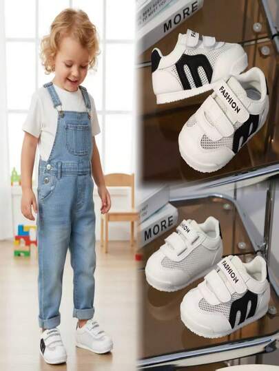 1双白色柔软网布+皮革拼接婴幼儿运动鞋，经典圆头，魔术贴搭扣，字母M设计，防滑软底，休闲运动鞋，适合日常、度假、上学、2026春夏穿着