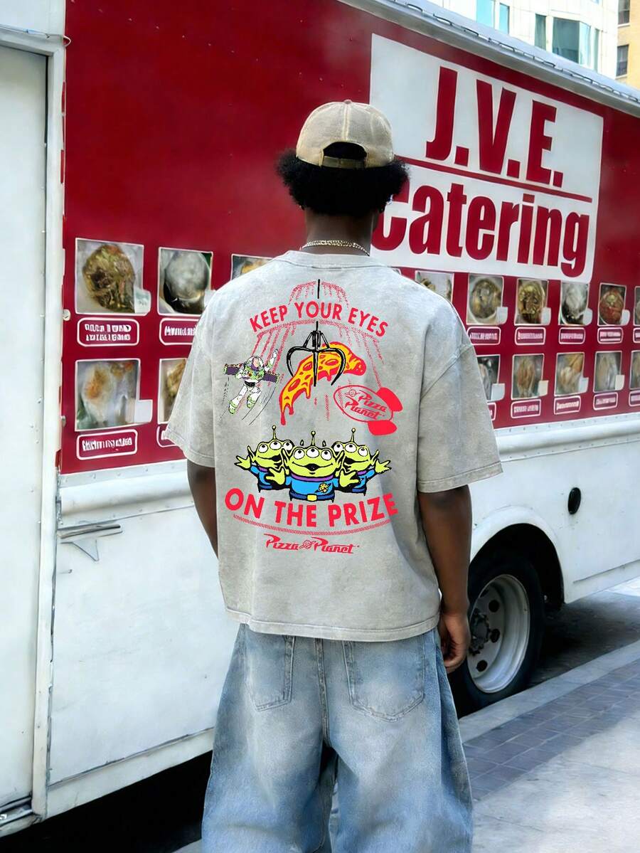Disney-Toy Story Three Eyed Boy Pure Cotton Short Sleeved T-Shirt For Men In Summer Doing Old Water Washed Loose Large Top Pizza Planet Printed Casual Half Sleeve Parent Child Wear - 淺灰色 - 查看 1