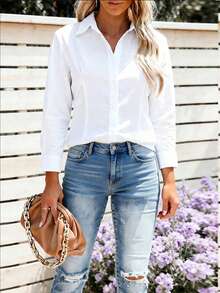 Women's White Long Sleeve Non-Sheer Design Breathable Comfort Button Up Blouse Work Blouse For Women Office Outfits Business Casual Woman Teacher Outfits Work Tops Button Down Shirts - trắng - Xem 9