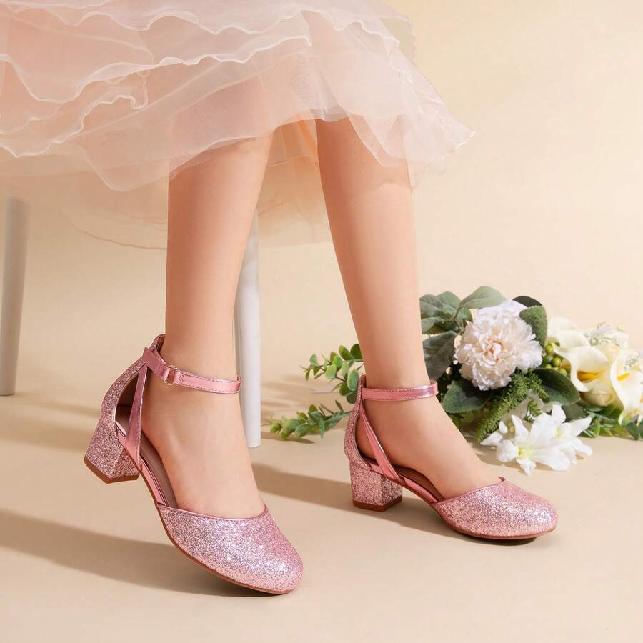 Girls Dress Shoes Closed Toe High Heels Ankle Strap Toddler Little Big Kid Wedding Flower Party Pump - Hồng - Xem 1