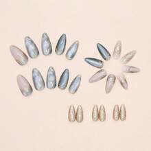 Summer Simple Press On Nails Long Almond Fake Nails Glitter False Nails Gold Edge Blue Green Gradient Design Glossy Full Cover Stick On Nail Reusable Glue On Nail For Women Decor Manicure 24Pcs - ColorA - 查看 3