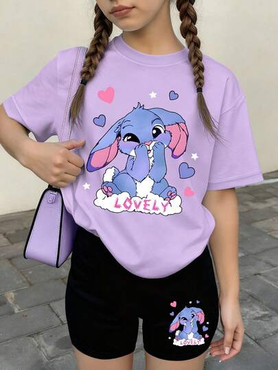 2 piezas Conjunto de manga corta oversize para niñas, con acento de ángel lindo, pantalones cortos tipo legging elásticos, ropa juvenil divertida y con estilo para primavera y verano