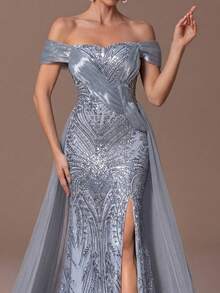 Faeriesty 优雅的露肩美人鱼晚礼服，高开衩鱼尾裙摆，正式女士派对礼服，后拉链，修身剪裁 - 非常适合黑领结晚宴、婚礼招待会、红毯活动、歌剧之夜和盛大慈善舞会。 - 灰色 - 查看 3