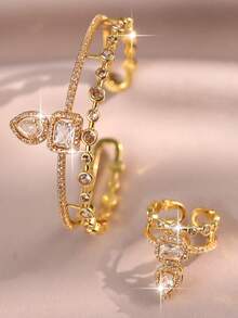 2 pezzi Set di bracciale e anello con charm a forma di faccia sorridente in zirconia cubica della serie fantasy, set di gioielli da matrimonio in lega di rame con zirconia cubica brillante, adatto per banchetti, balli, feste - Oro giallo - Visualizzare 12