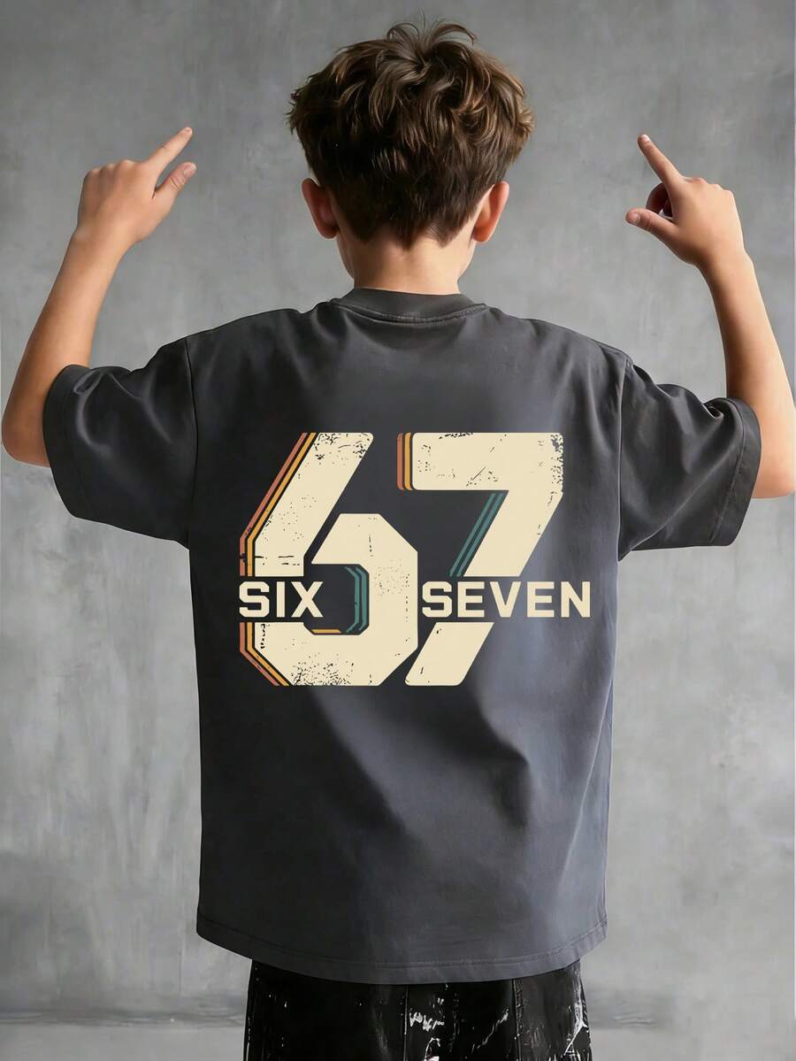 Tween Boy "Six Seven" 67 Numeric & Letter Print T-Shirt, Fashionable Street, Campus, Event, Daily Wear, Summer Top For Boys - Dark Grey - View 1