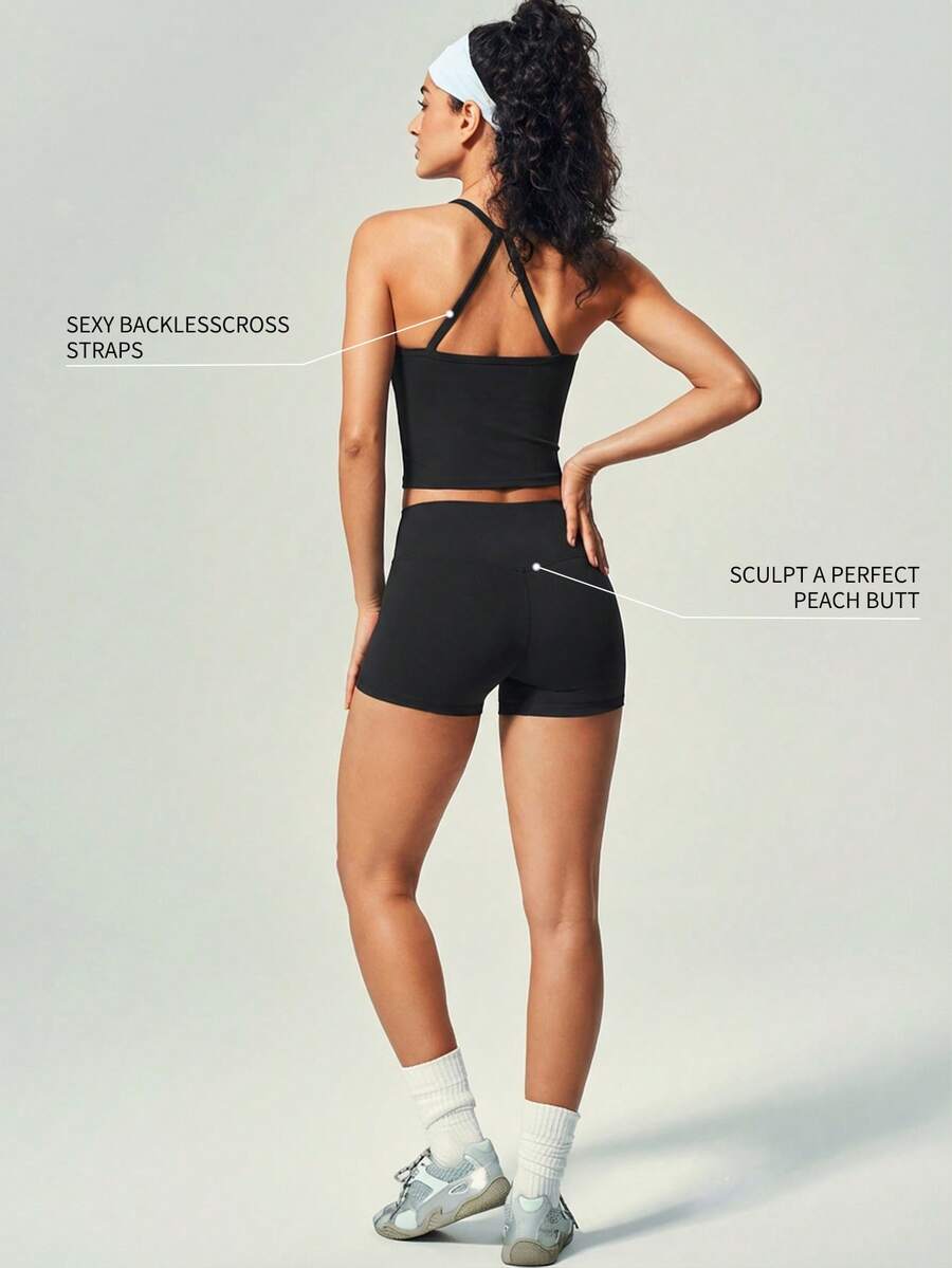 UONNOU Bộ đồ thể thao nữ 2 món gồm áo hai dây và quần short, đồ tập thể dục, đồ tập yoga, bộ đồ bó sát tập luyện, nâng mông, kiểm soát eo, làm thon gọn chân, dây chéo, hở lưng và vai gợi cảm, mút ngực có thể tháo rời, áo siêu ngắn, chất liệu mềm mại và thoải mái, phù hợp cho thể thao, hoạt động ngoài trời, phòng tập, yoga, pilates, các bài tập nhẹ, tập luyện, chạy bộ, mặc hàng ngày, đi làm, bộ đồ thể thao thời trang. - màu đen - Xem 1