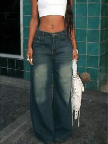 Quần jeans nữ ống đứng dáng suông, kiểu boyfriend rộng rãi, thiết kế túi xéo, phong cách đường phố Y2K. - Đồng - Xem 5