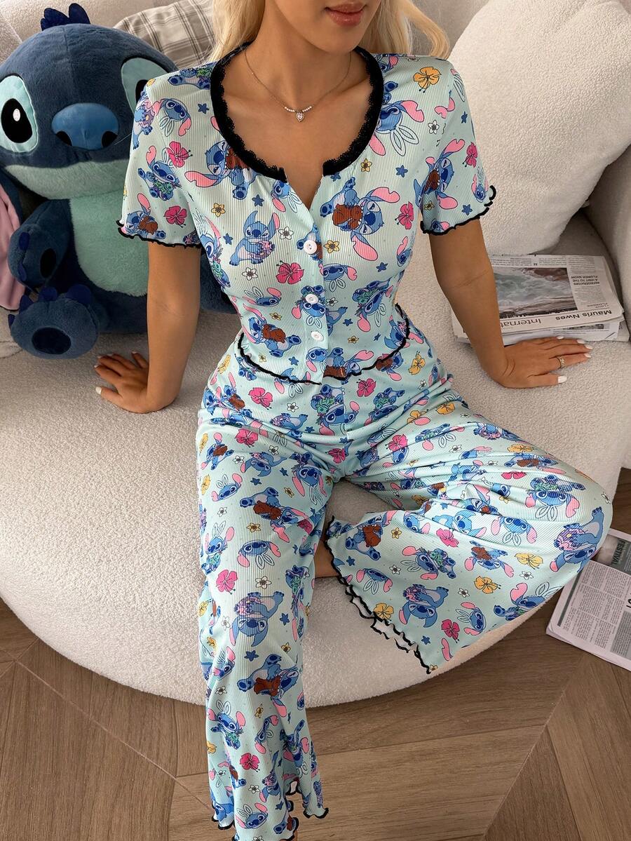 女士睡衣套装，缝线印花蕾丝边饰卷边纽扣短袖长裤套装 - 彩色 - 查看 1