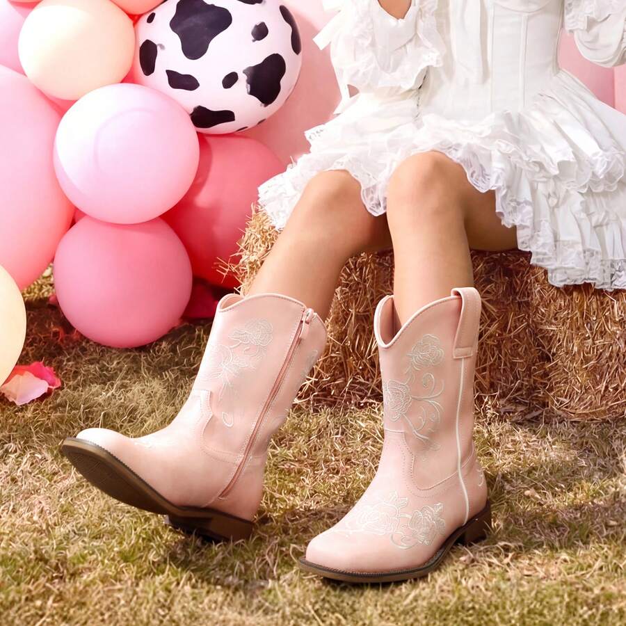 Girls Cowboy Boots Floral Embroidered Classic Western Cowgirl Boots Square Toe Mid Calf Side Zipper Horsing Party Toddler/Little/Big Kids - Hồng - Xem 1