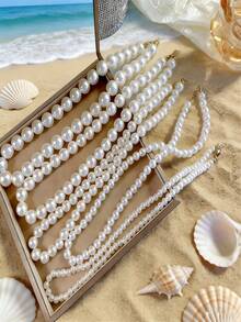 1pc 4m-12m Vintage French Style Pearl Necklace, Simple Choker Necklace With Random Pearl Quantity - White - View 2