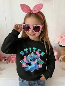Disney Lilo & Stitch Cute Sitting Pose Tropical Floral Logo Graphic Comfortable Print Young Girls' Long Sleeve Sweatshirt, Suitable For Autumn/Winter, Lightweight And Cozy, Great For Layering In Fall, Fashionable Casual Wear, Graphic Design, Back To School Season, Autumn, Back To School Party, Suitable For Outdoor Picnic, Street Photography, Home, Campus, Holidays, New Year Gift - màu đen - Xem 1