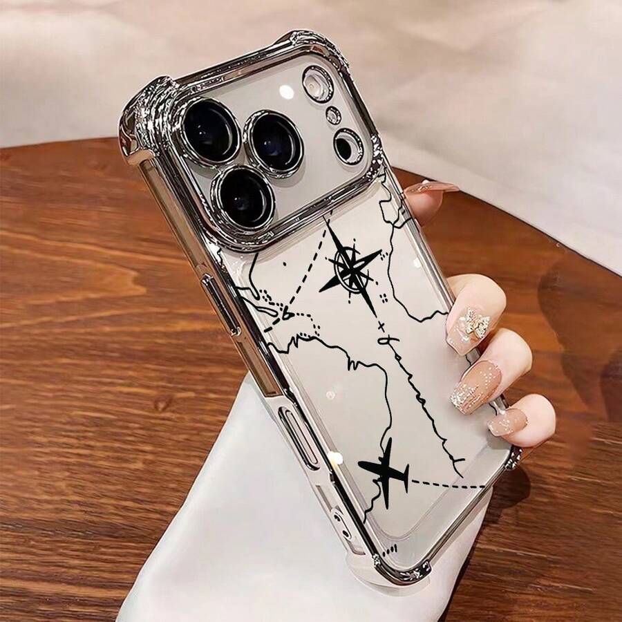1个电镀飞机/地图图案TPU防震手机壳,兼容 17 Pro Max、11、15 Pro Max、14 Pro Max / Galaxy S25 Ultra、S24 FE、S23 Plus、S22、A15、A25、A35、A55、A56 / Honor X6A、X7B、X8B / 13C / Note13 / A78,国际版,非国内版 - 銀色 - 查看 1