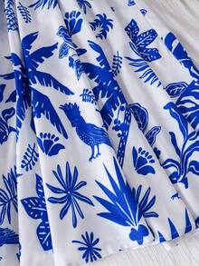 2件套女童热带植物印花吊带背心和中长裙套装，适合海滩度假和夏季穿着 - 藍色 - 查看 8