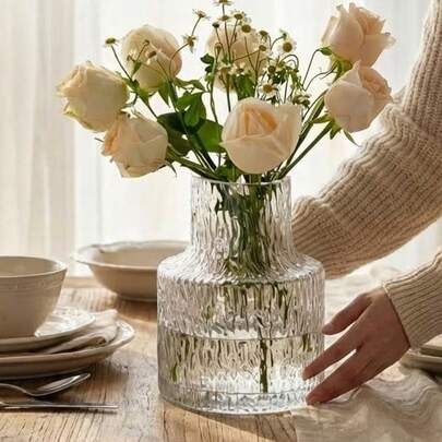 1 套复古纹理玻璃花瓶、家居装饰玻璃花瓶、婚礼装饰、餐桌中心装饰透明花瓶、复古家居装饰花瓶、宽口花束容器、桌面装饰、水培植物容器