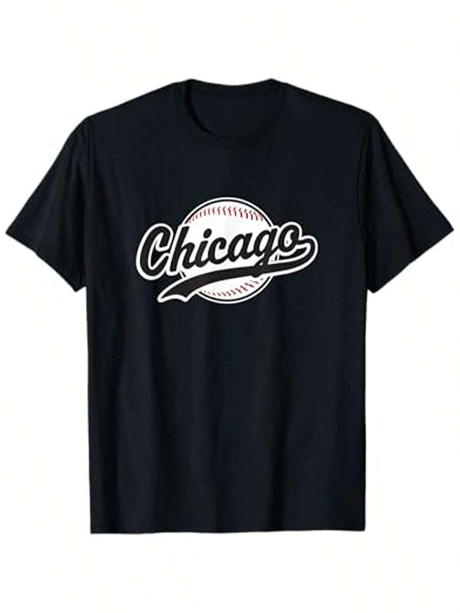 Baseball League Black T-Shirt, Vintage Chicago Baseball Team Design, A Stylish And Casual T-Shirt For Sports, Fitness, Street Style, And Personalized Outfits.  A Graphic T-Shirt Suitable For Both Men And Women. - 黑色2 - 查看 1